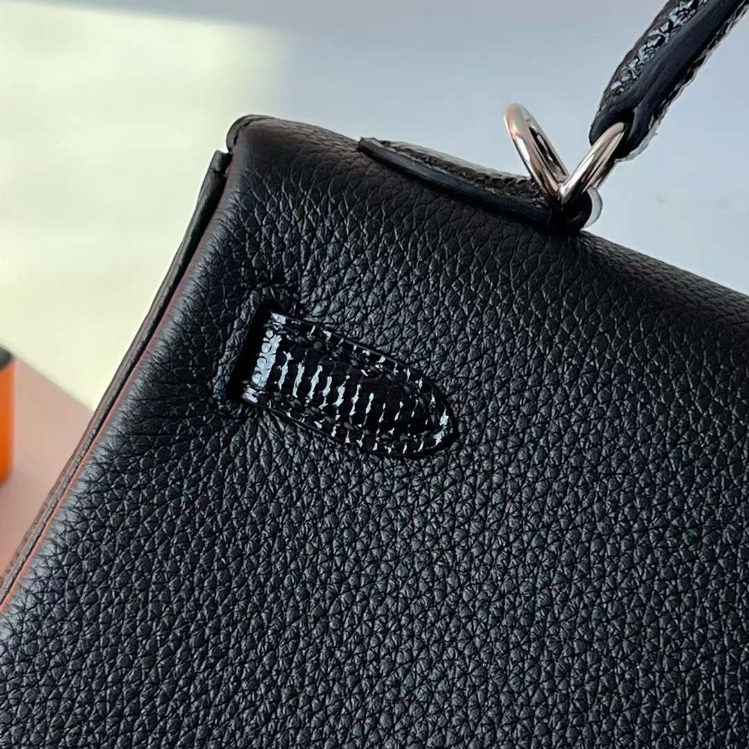 Hermès（爱马仕）Kelly 凯莉包 Touch Togo皮 拼 亮面蜥蜴皮 Ck89 黑色 银扣 25cm 全手工蜡线缝 Phw