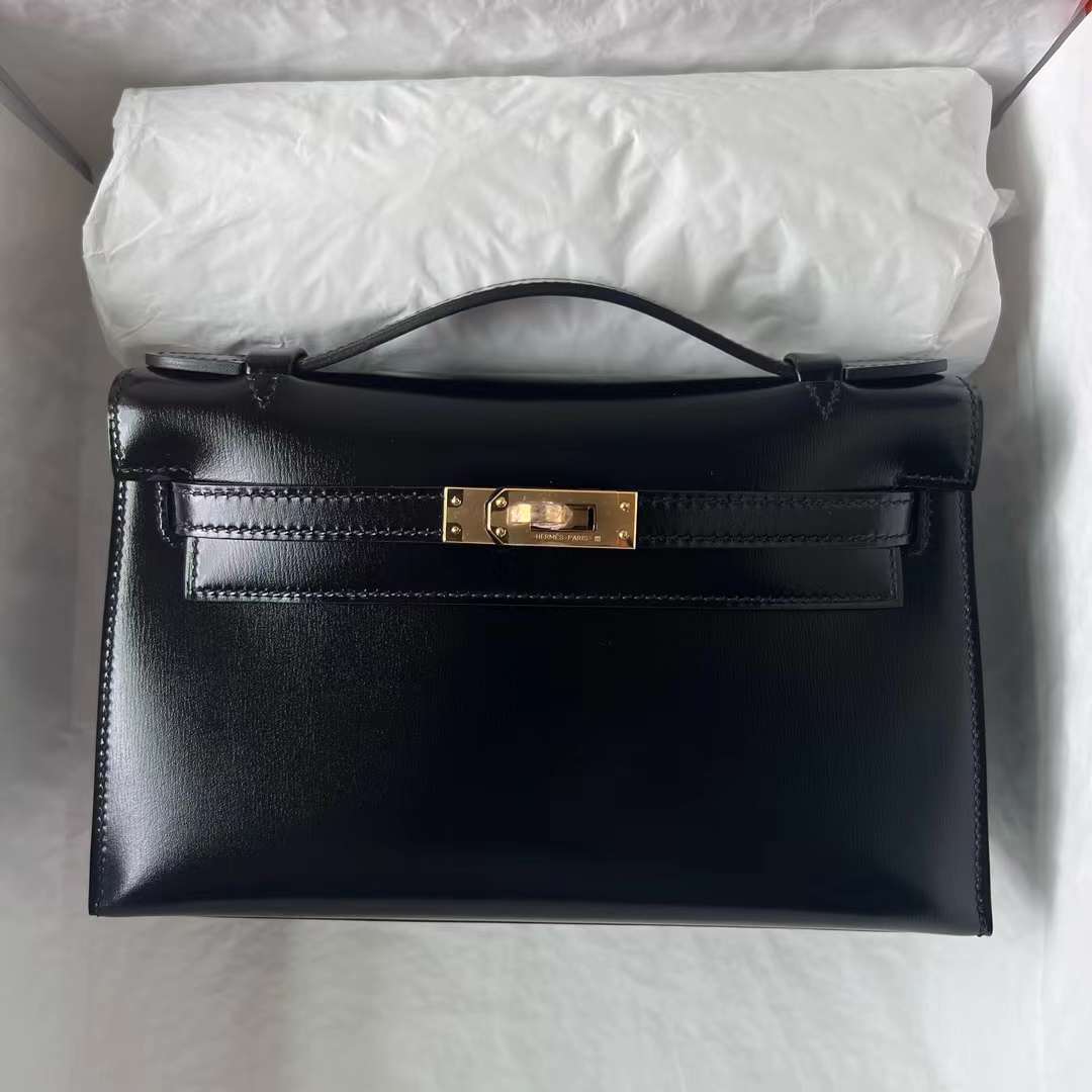 Hermès（爱马仕）Mini Kelly Pochette Box皮 Ck89 黑色 金扣 22cm 全手工蜡线缝 Ghw