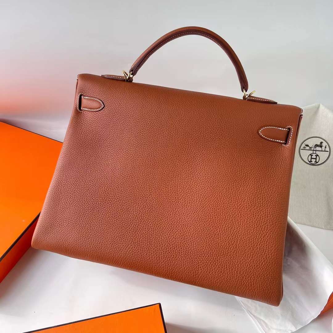 Hermès（爱马仕）Kelly 凯莉包 Clemence 原TC大牛皮 Ck37 金棕色 金扣 40cm 全手工蜡线缝 Ghw