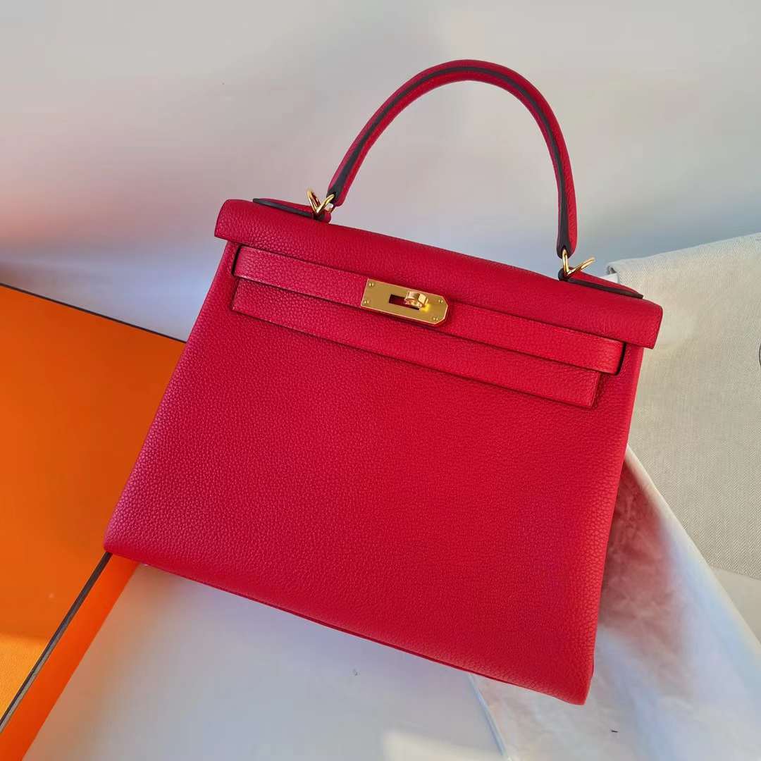 Hermès（爱马仕）Kelly 凯莉包 Togo皮 S3 心红色 金扣 25cm 全手工蜡线缝 Ghw