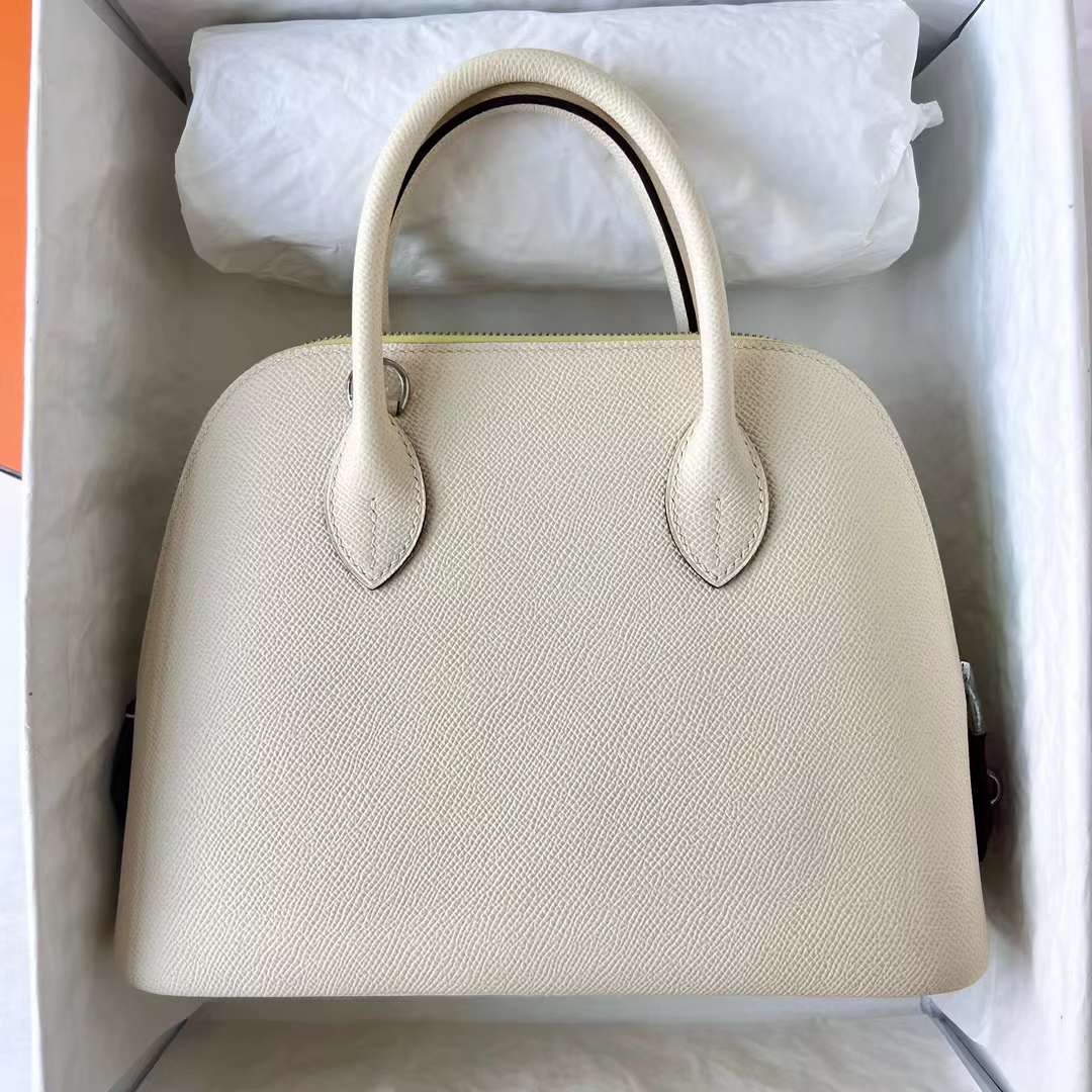 Hermès（爱马仕）Bolide 保龄球包 Epsom I2 奶油白 拼 9R 柠檬黄 拼 枫叶红 银扣 25cm 全手工蜡线缝 Phw