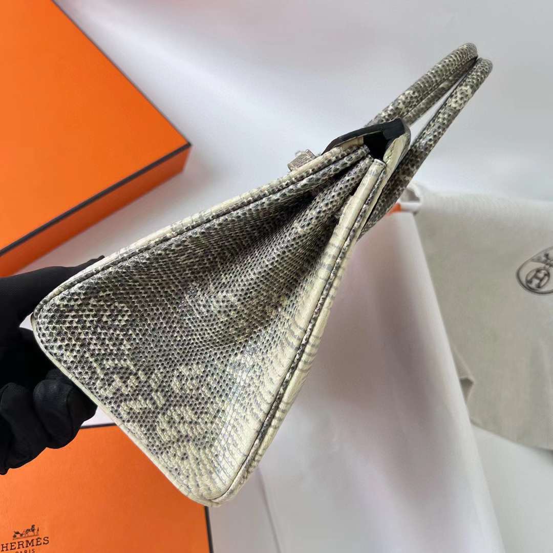 Hermès（爱马仕）Birkin 铂金包 Lizard 进口蜥蜴皮 自然色 银扣 25cm 全手工蜡线缝 Phw