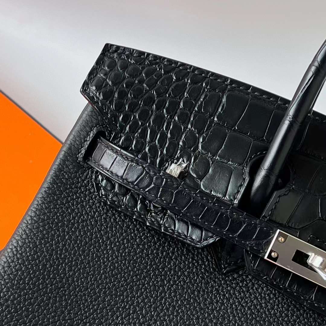 Hermès（爱马仕）Birkin 铂金包 Touch Togo 拼 雾面美洲鳄鱼皮 Ck89 黑色 银扣 25cm 全手工蜡线缝 Phw