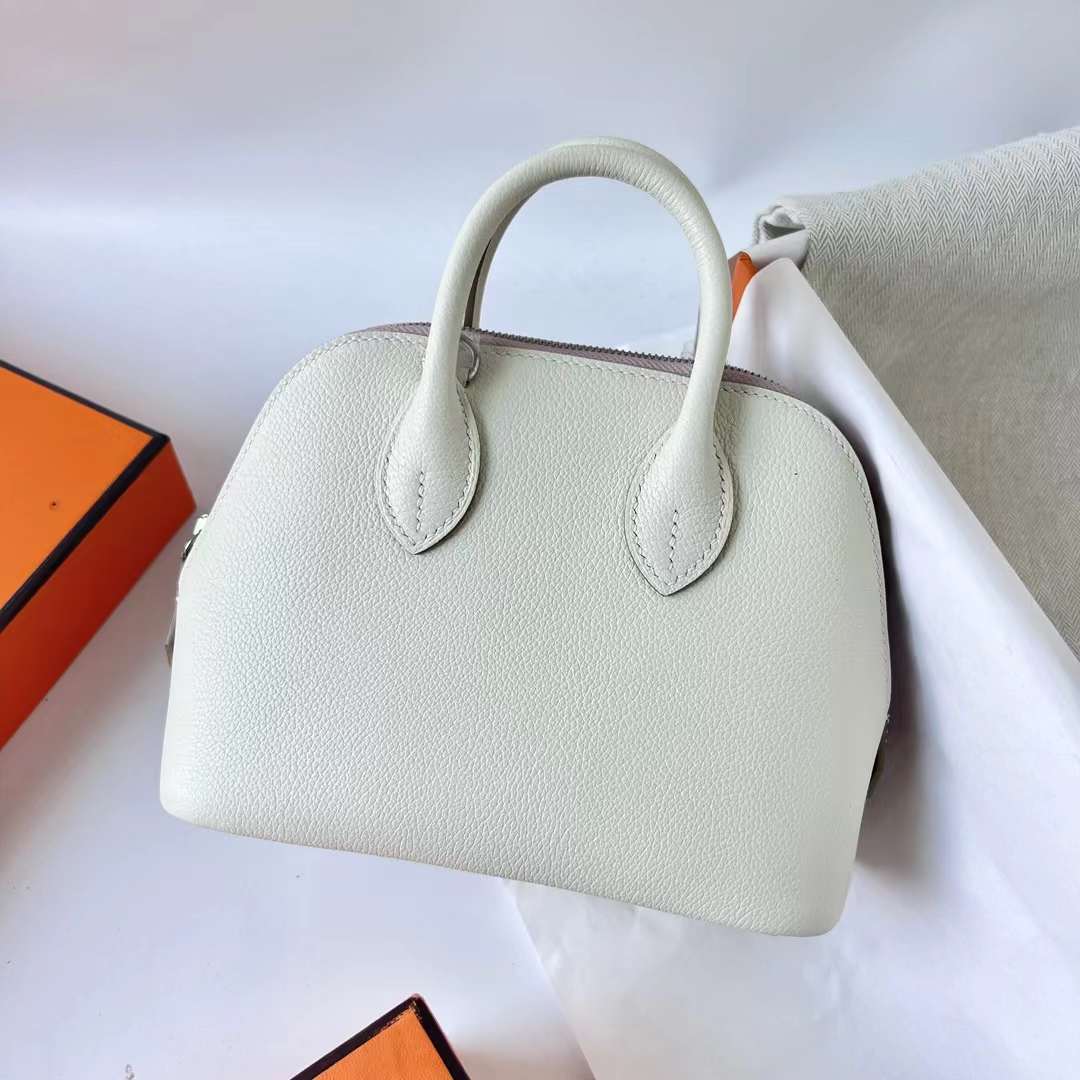 Hermès（爱马仕）Mini Bolide 保龄球包 Evercolor 三拼色 0T 蘑菇白 拼 09 梦幻粉紫 拼 Ck37 金棕色 银扣 20cm 全手工蜡线缝 Phw