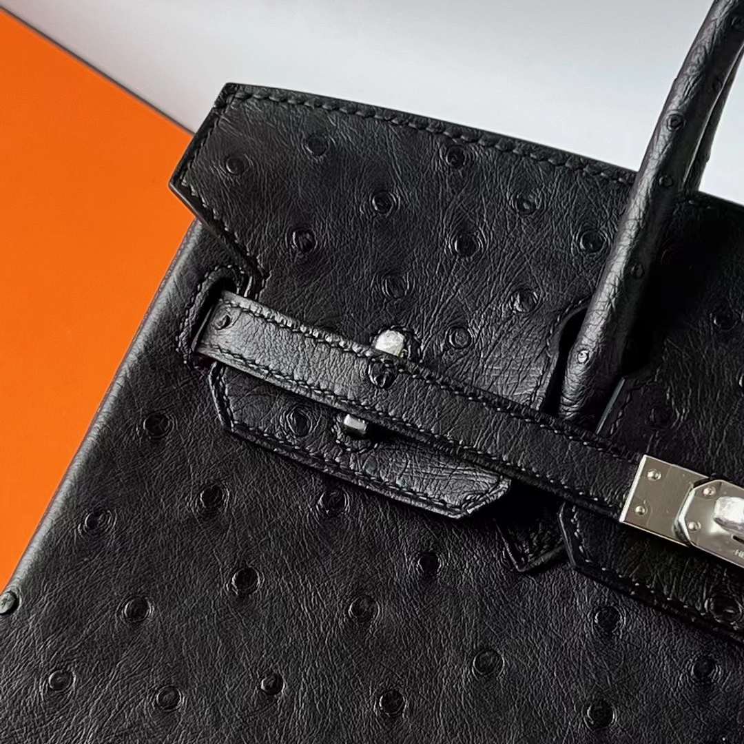 Hermès（爱马仕）Birkin 铂金包 Ostrich 进口kk南非鸵鸟皮 Ck89 黑色 银扣 原厂五金 25cm 全手工蜡线缝 Phw