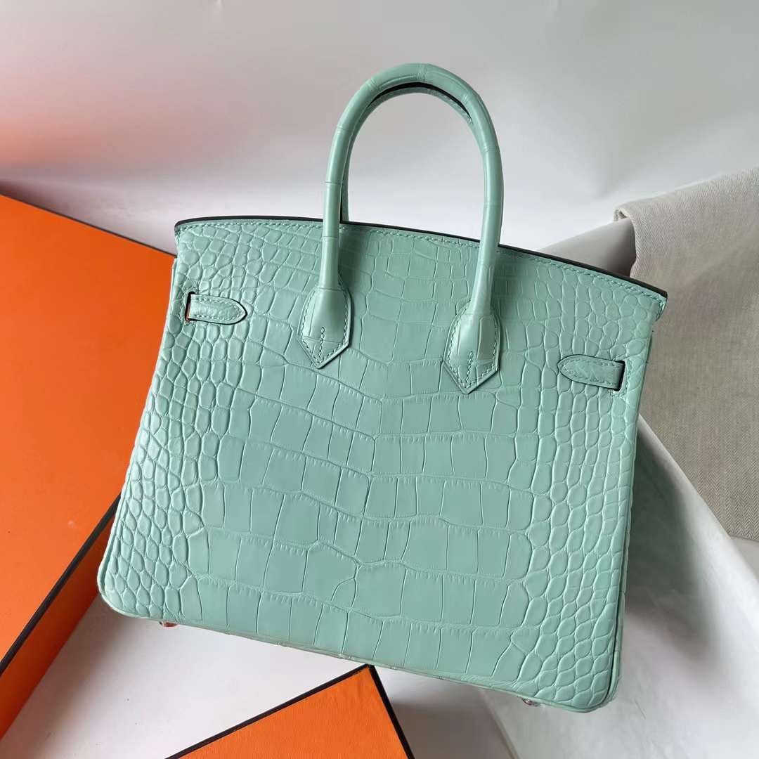 Hermès（爱马仕）Birkin 铂金包 雾面美洲鳄鱼皮 Matte Alligator Crocodile 6U 新薄荷绿 银扣 Phw 银扣 25cm 全手工蜡线缝 Phw