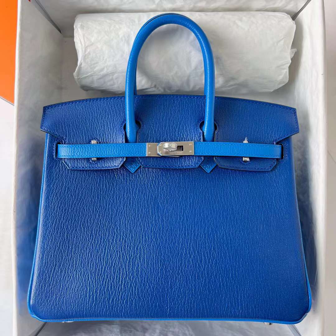 Hermès（爱马仕）Birkin 铂金包 Chevre 进口山羊皮 Ck73 宝石蓝 拼 T7 水妖蓝 拉丝银扣 25cm 全手工蜡线缝 BPhw