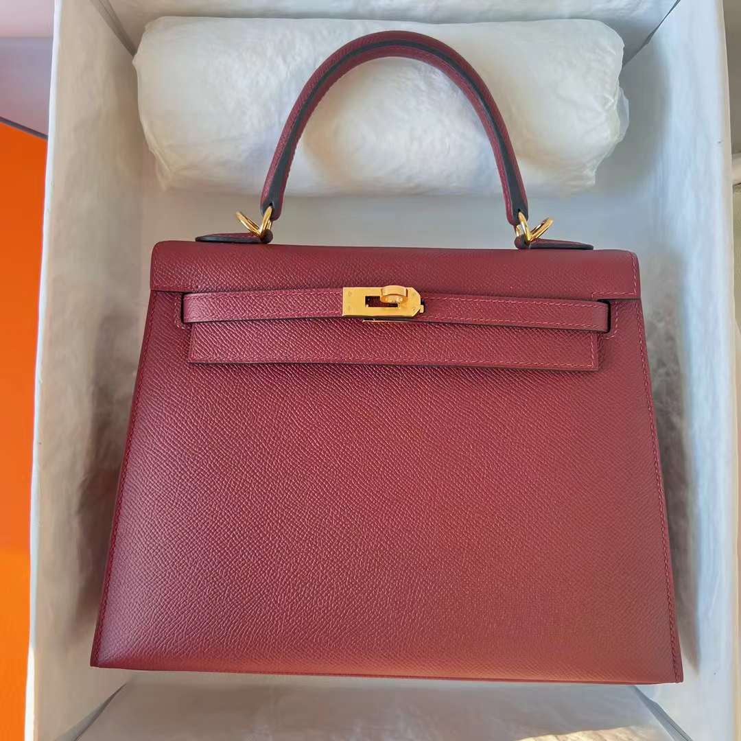 Hermès（爱马仕）Kelly 凯莉包 Epsom Ck55 爱马仕红 金扣 25cm 全手工蜡线缝 Ghw