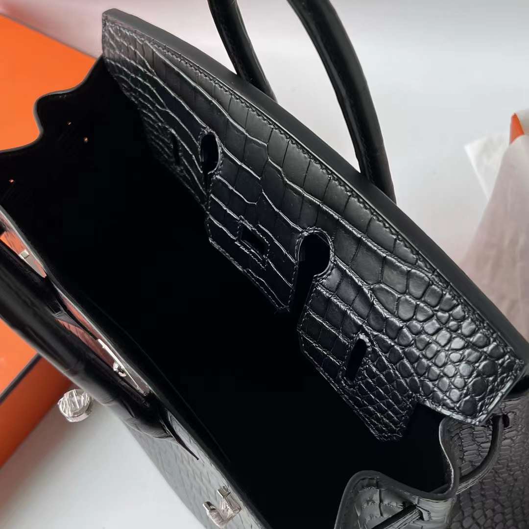 Hermès（爱马仕）Birkin 铂金包 雾面倒v澳洲湾鳄 Matte Porosus Crocodile Ck89 黑色 银扣 25cm 全手工蜡线缝 Phw