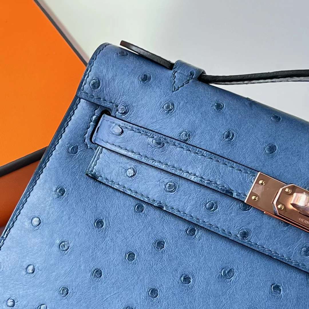 Hermès（爱马仕）Mini Kelly Pochette Ostrich 进口鸵鸟皮 2T 天堂蓝 玫瑰金扣 22cm 全手工蜡线缝 RGhw