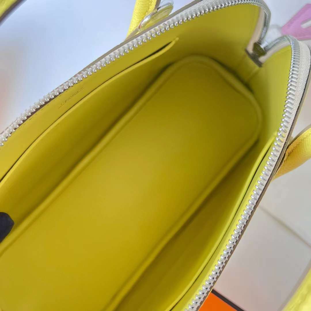 Hermès（爱马仕）Bolide 保龄球包 Epsom 9R 柠檬黄 拼 i2 奶油白 拼 X9 锦葵紫 银扣 25cm 全手工蜡线缝 Phw