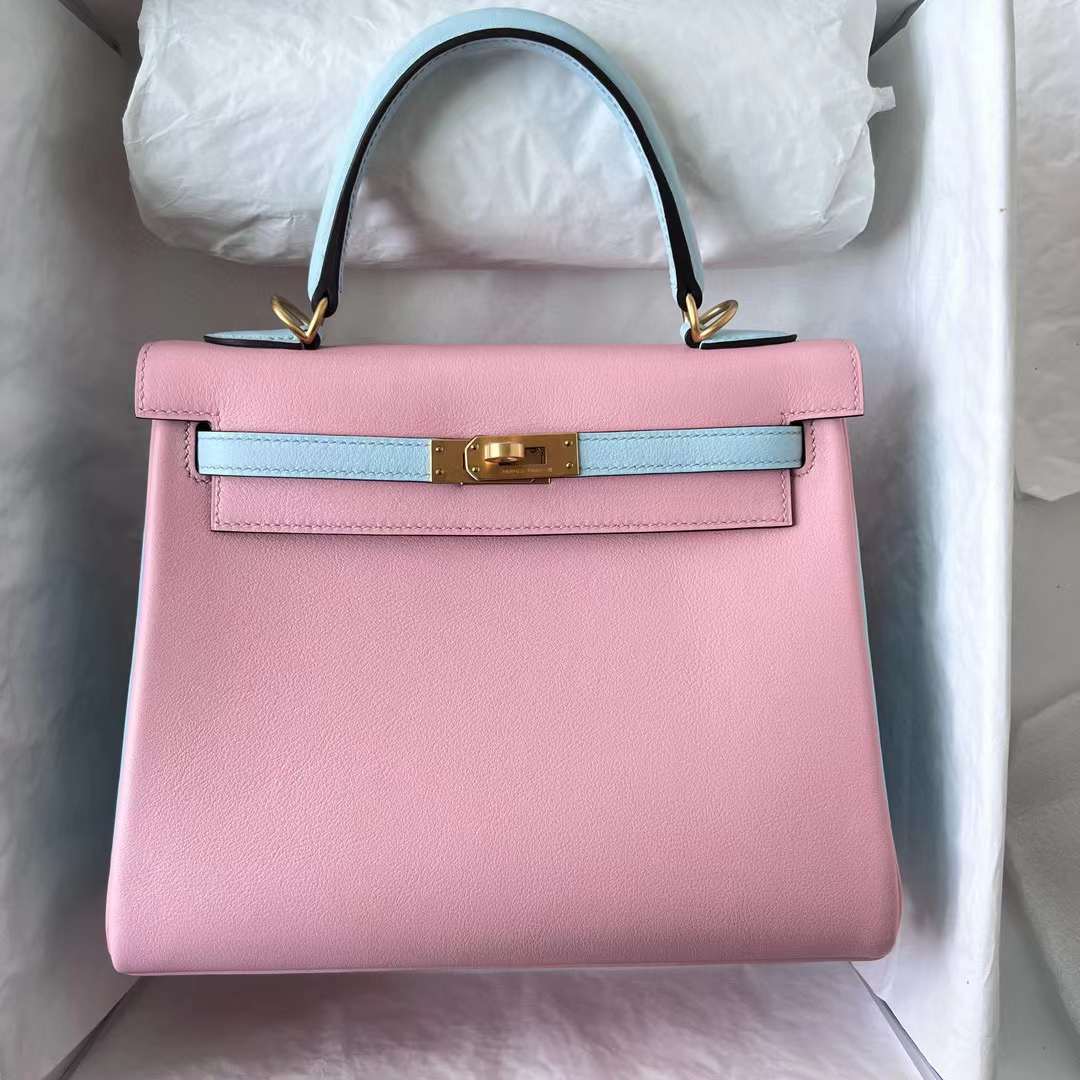 Hermès（爱马仕） Kelly 凯莉包 Swift 3Q 新粉色 & 0T 雾蓝色 磨砂金扣 25cm 全手工蜡线缝 Bghw