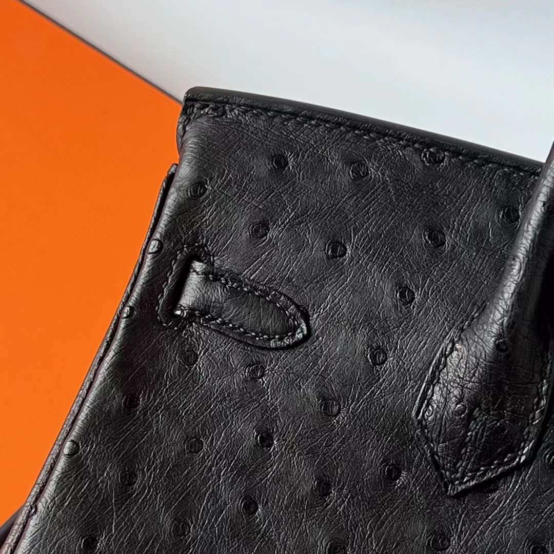 Hermès（爱马仕）Birkin 铂金包 Ostrich 进口kk南非鸵鸟皮 Ck89 黑色 银扣 原厂五金 25cm 全手工蜡线缝 Phw