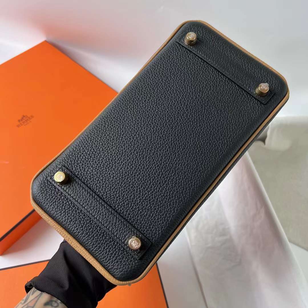 Hermès（爱马仕）Birkin 铂金包 Togo皮 顶级小牛皮 Ck89 黑色 拼 4B 饼干色 金扣 25cm 全手工蜡线缝 Ghw