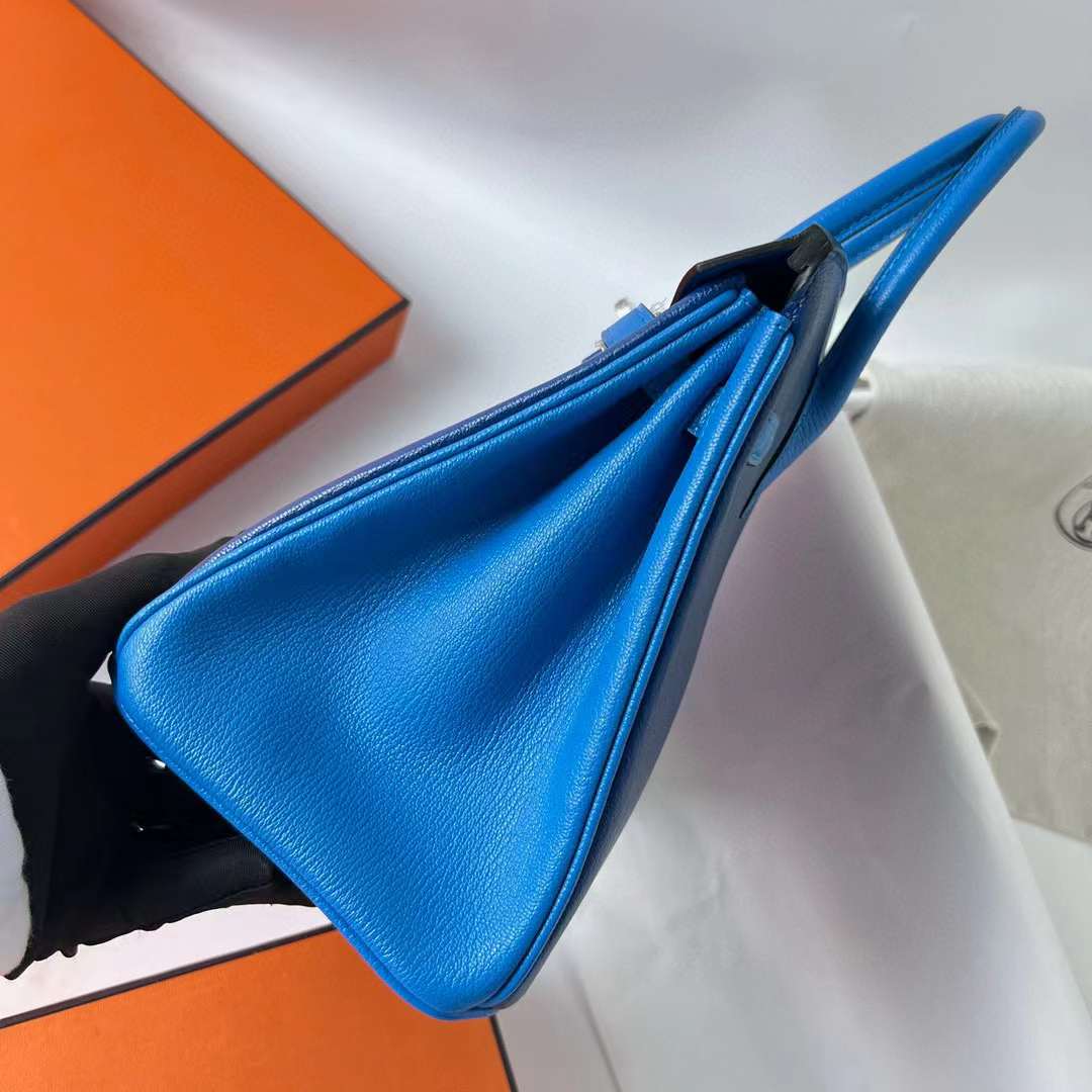 Hermès（爱马仕）Birkin 铂金包 Chevre 进口山羊皮 Ck73 宝石蓝 拼 T7 水妖蓝 拉丝银扣 25cm 全手工蜡线缝 BPhw