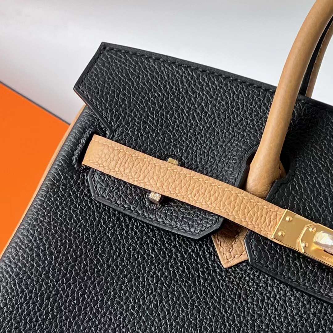 Hermès（爱马仕）Birkin 铂金包 Togo皮 顶级小牛皮 Ck89 黑色 拼 4B 饼干色 金扣 25cm 全手工蜡线缝 Ghw