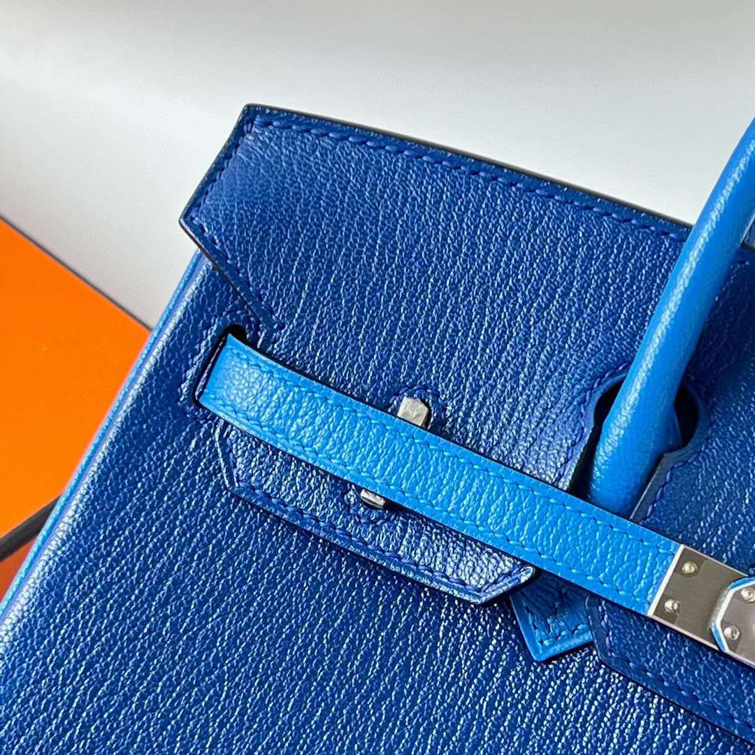 Hermès（爱马仕）Birkin 铂金包 Chevre 进口山羊皮 Ck73 宝石蓝 拼 T7 水妖蓝 拉丝银扣 25cm 全手工蜡线缝 BPhw