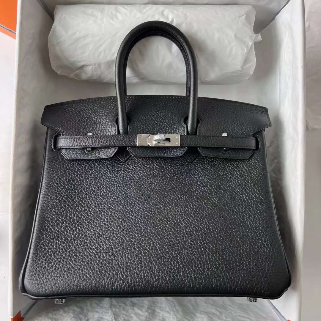 Hermès（爱马仕） Birkin 铂金包 Clemence 原德国TC大牛皮 Ck89 黑色 银扣 25cm 全手工蜡线缝 Phw