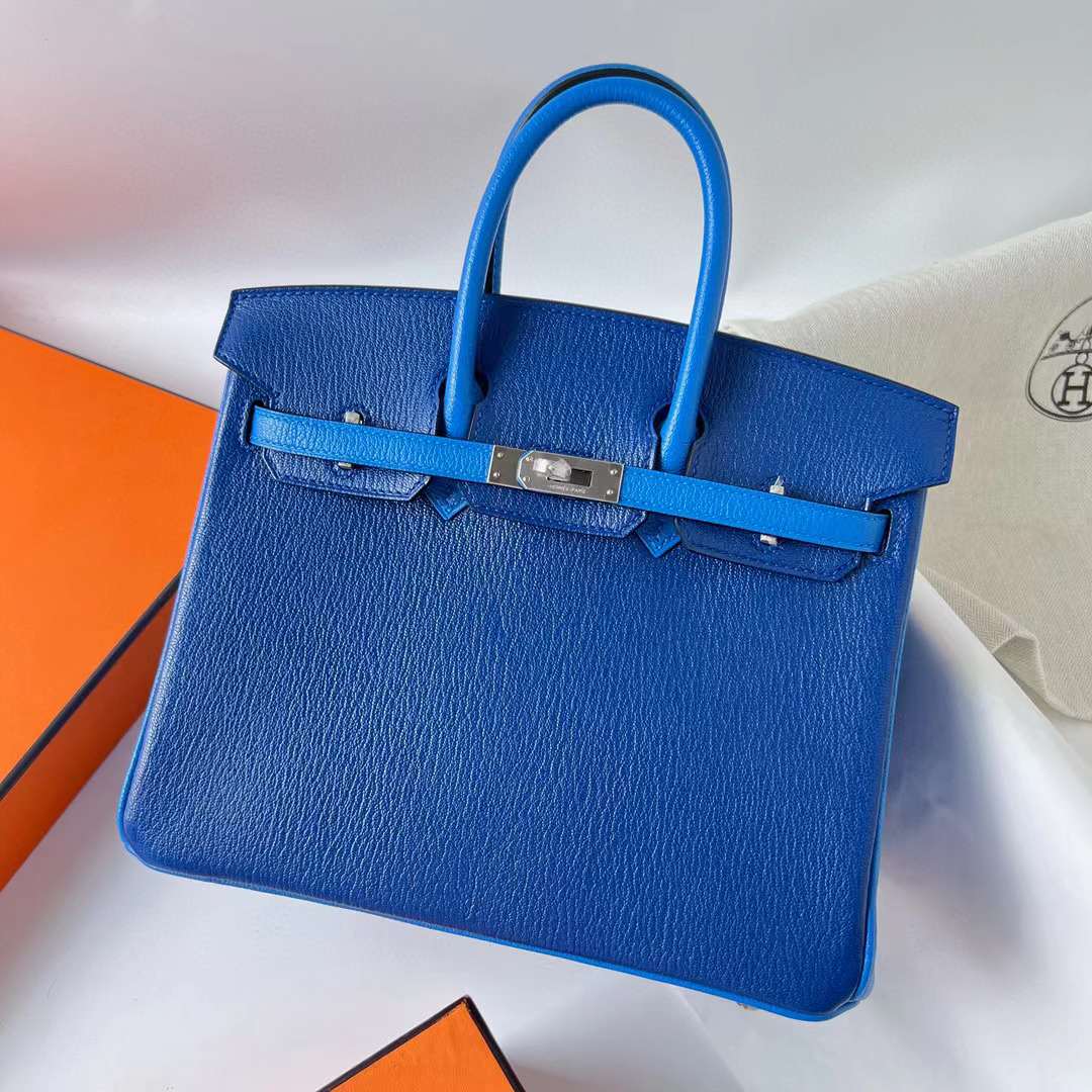 Hermès（爱马仕）Birkin 铂金包 Chevre 进口山羊皮 Ck73 宝石蓝 拼 T7 水妖蓝 拉丝银扣 25cm 全手工蜡线缝 BPhw