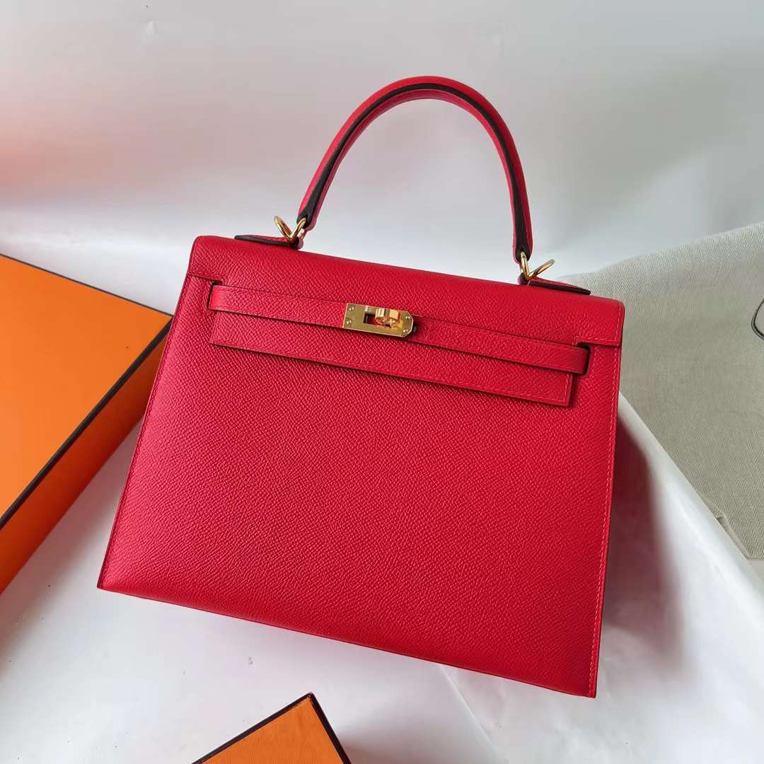 Hermès（爱马仕）Kelly 凯莉包 Epsom皮 S3 心红色 金扣 25cm 全手工蜡线缝 Ghw