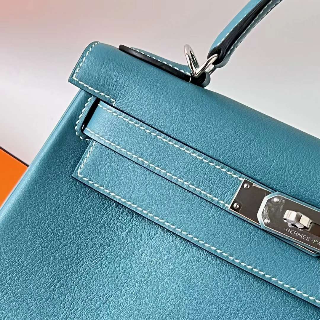 Hermès（爱马仕）Kelly 凯莉包 Swift皮 Ck75 牛仔蓝 银扣 28cm 全手工蜡线缝 Phw