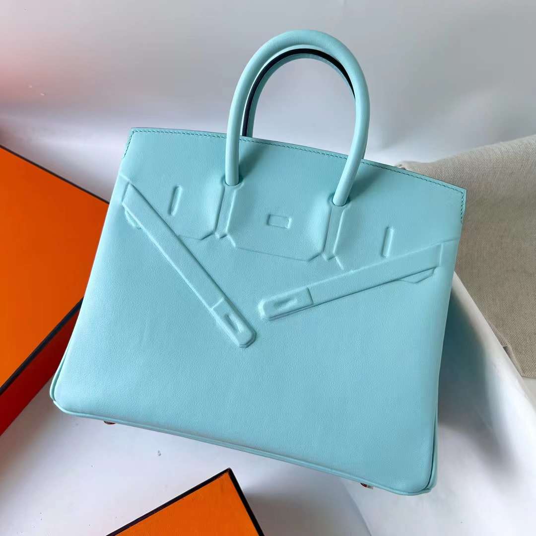 Hermès（爱马仕）Birkin Shadow Swift皮 幻影包 Baby蓝 银扣 25cm 全手工蜡线缝 Phw