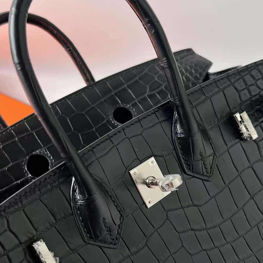 Hermès（爱马仕）Birkin 铂金包 雾面倒v澳洲湾鳄 Matte Porosus Crocodile Ck89 黑色 银扣 25cm 全手工蜡线缝 Phw