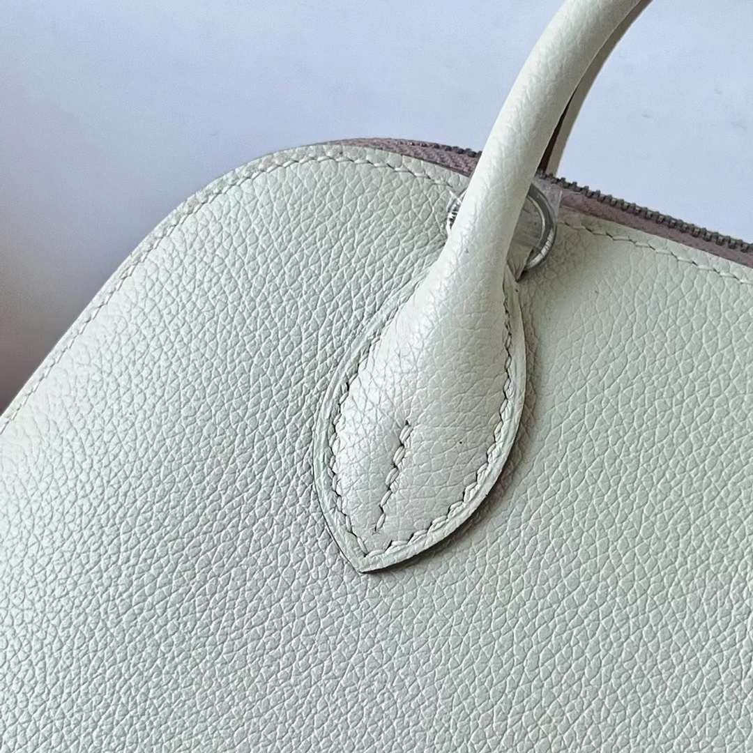 Hermès（爱马仕）Mini Bolide 保龄球包 Evercolor 三拼色 0T 蘑菇白 拼 09 梦幻粉紫 拼 Ck37 金棕色 银扣 20cm 全手工蜡线缝 Phw