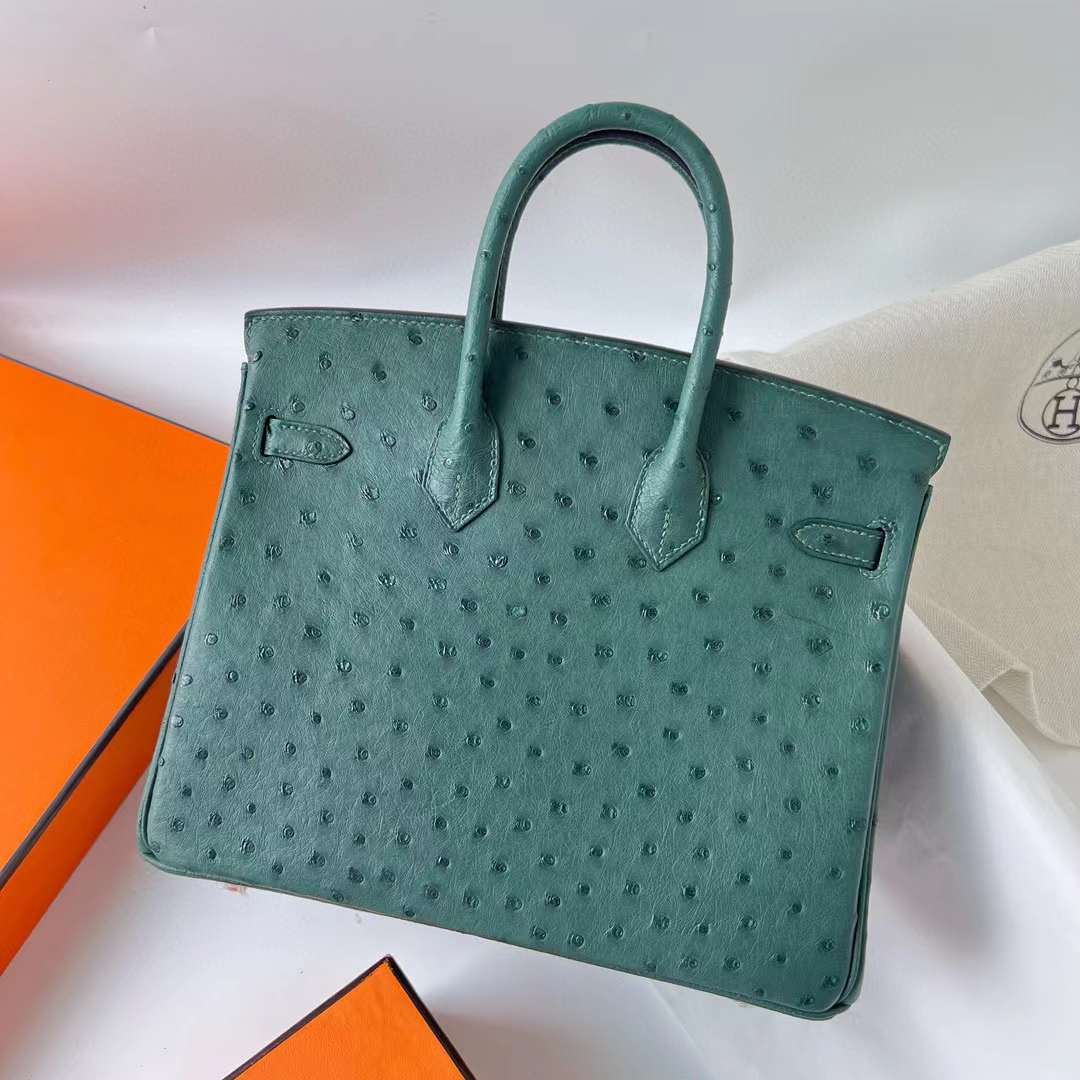 Hermès（爱马仕）Birkin 铂金包 Ostrich 进口鸵鸟皮 z6 孔雀绿 银扣 25cm 全手工蜡线缝 Phw