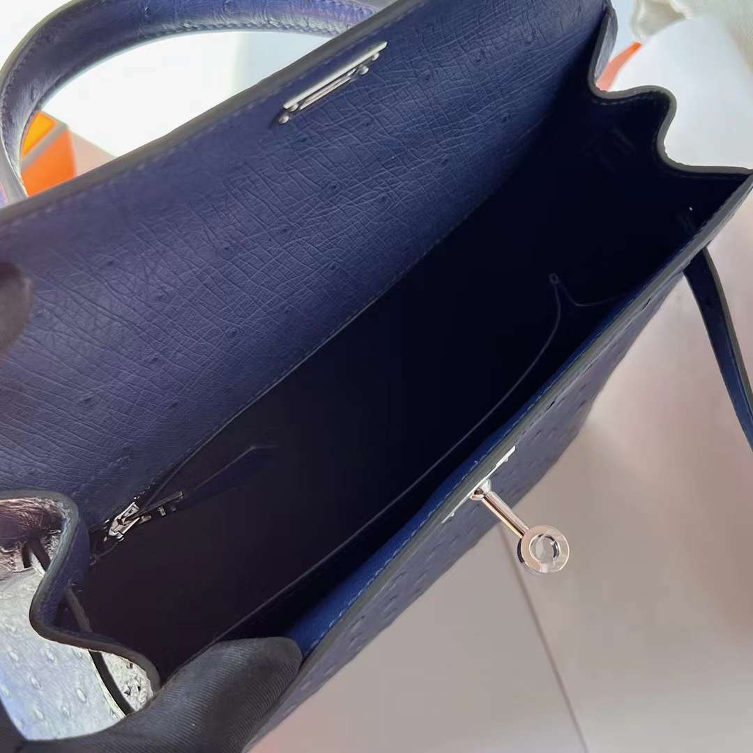 Hermès（爱马仕）Kelly 凯莉包 Ostrich 原kk进口鸵鸟皮 77 鸢尾蓝 银扣 25cm 全手工蜡线缝 Phw