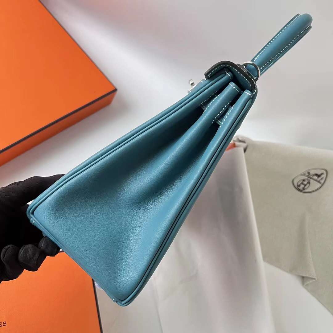 Hermès（爱马仕）Kelly 凯莉包 Swift皮 Ck75 牛仔蓝 银扣 28cm 全手工蜡线缝 Phw
