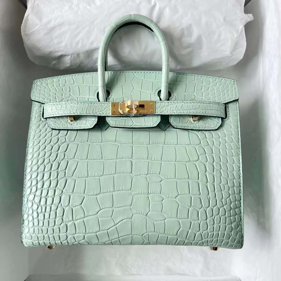 Hermès（爱马仕）Birkin 铂金包 Sellier 外缝 雾面美洲鳄鱼皮 6U 新薄荷绿 金扣 20cm 全手工蜡线缝 Ghw