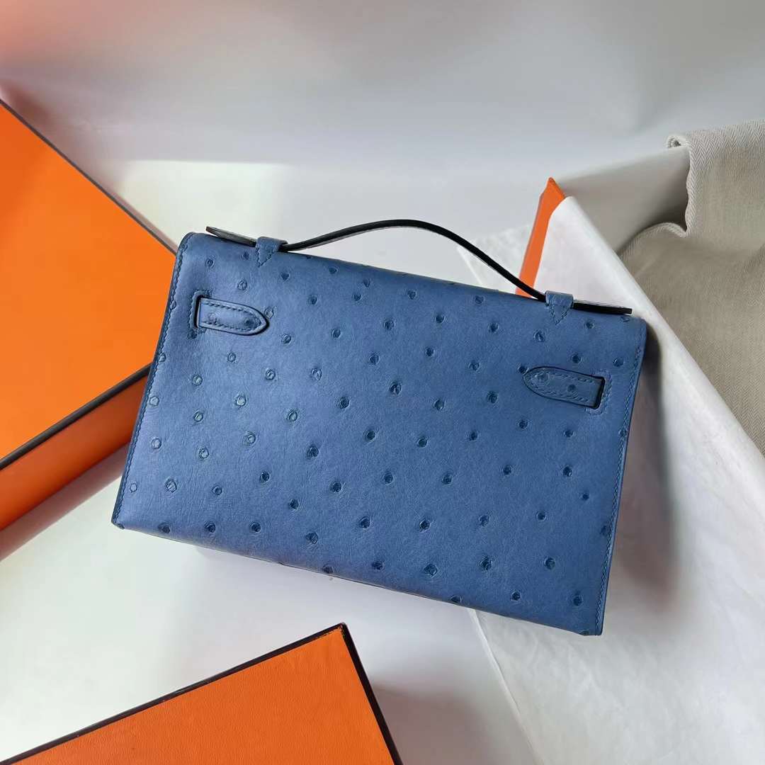 Hermès（爱马仕）Mini Kelly Pochette Ostrich 进口鸵鸟皮 2T 天堂蓝 玫瑰金扣 22cm 全手工蜡线缝 RGhw