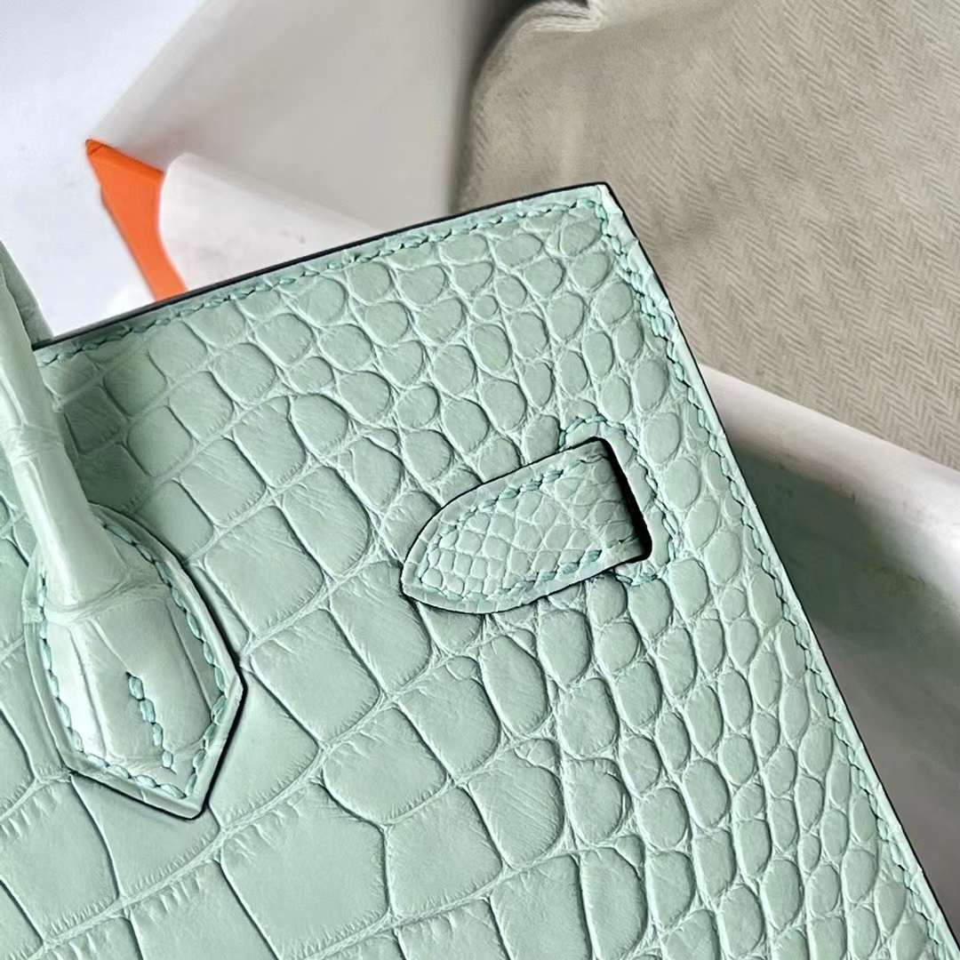 Hermès（爱马仕）Birkin 铂金包 Sellier 外缝 雾面美洲鳄鱼皮 6U 新薄荷绿 金扣 20cm 全手工蜡线缝 Ghw