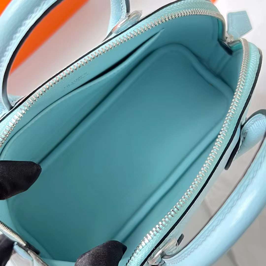 Hermès（爱马仕）Mini Bolide 迷你保龄球包 Chever 进口山羊皮 U2 微风蓝 银扣 19cm 全手工蜡线缝 Phw