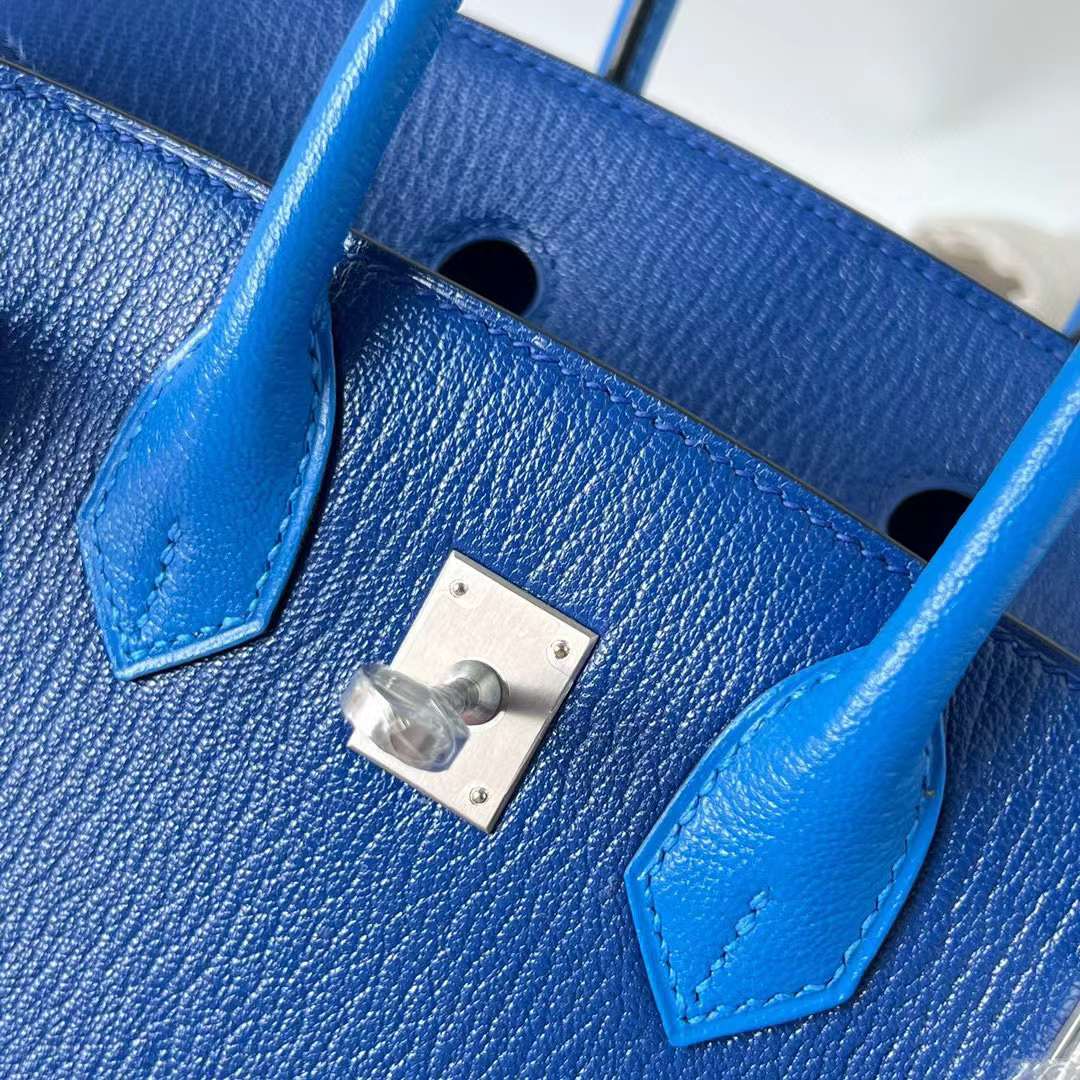 Hermès（爱马仕）Birkin 铂金包 Chevre 进口山羊皮 Ck73 宝石蓝 拼 T7 水妖蓝 拉丝银扣 25cm 全手工蜡线缝 BPhw