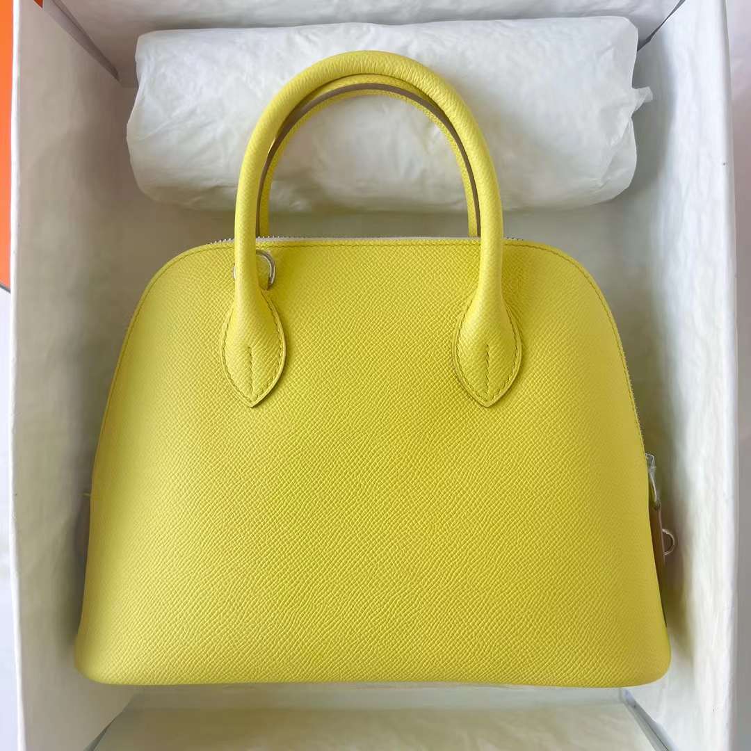 Hermès（爱马仕）Bolide 保龄球包 Epsom 9R 柠檬黄 拼 i2 奶油白 拼 X9 锦葵紫 银扣 25cm 全手工蜡线缝 Phw