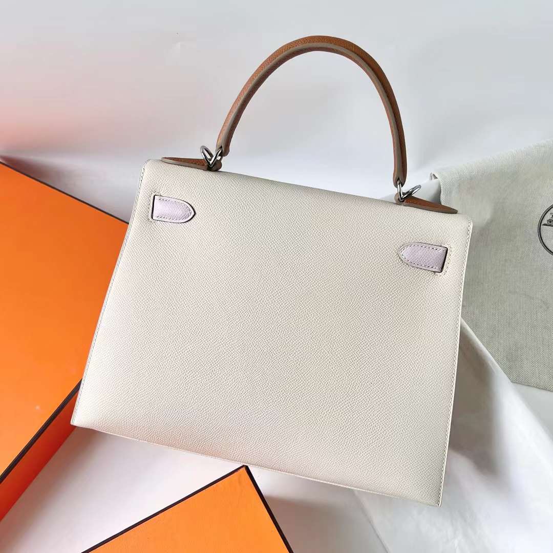 Hermès（爱马仕）Kelly 凯莉包 Epsom Ck10 奶昔白 拼 09 梦幻粉紫 拼 Ck37 金棕色 银扣 28cm 全手工蜡线缝 Phw