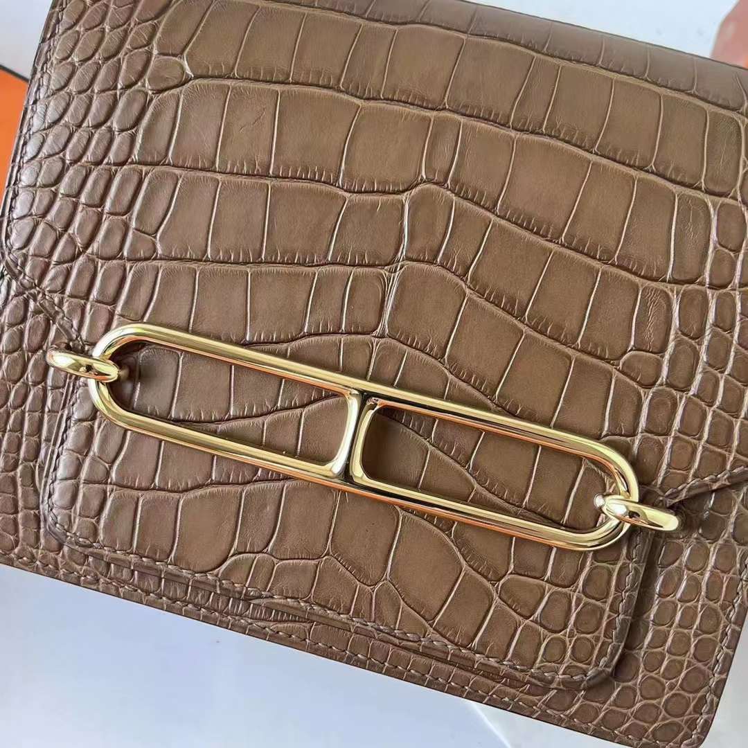 Hermès（爱马仕）Roulis 猪鼻子 雾面美洲鳄鱼皮 Matte Alligator Crocodile Ck18 大象灰 浅金扣 18cm 全手工蜡线缝