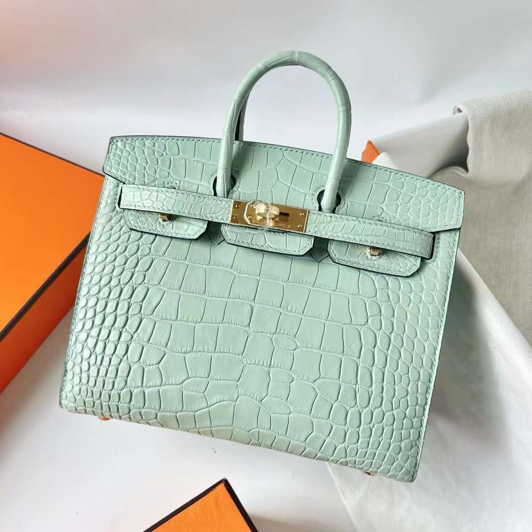 Hermès（爱马仕）Birkin 铂金包 Sellier 外缝 雾面美洲鳄鱼皮 6U 新薄荷绿 金扣 20cm 全手工蜡线缝 Ghw