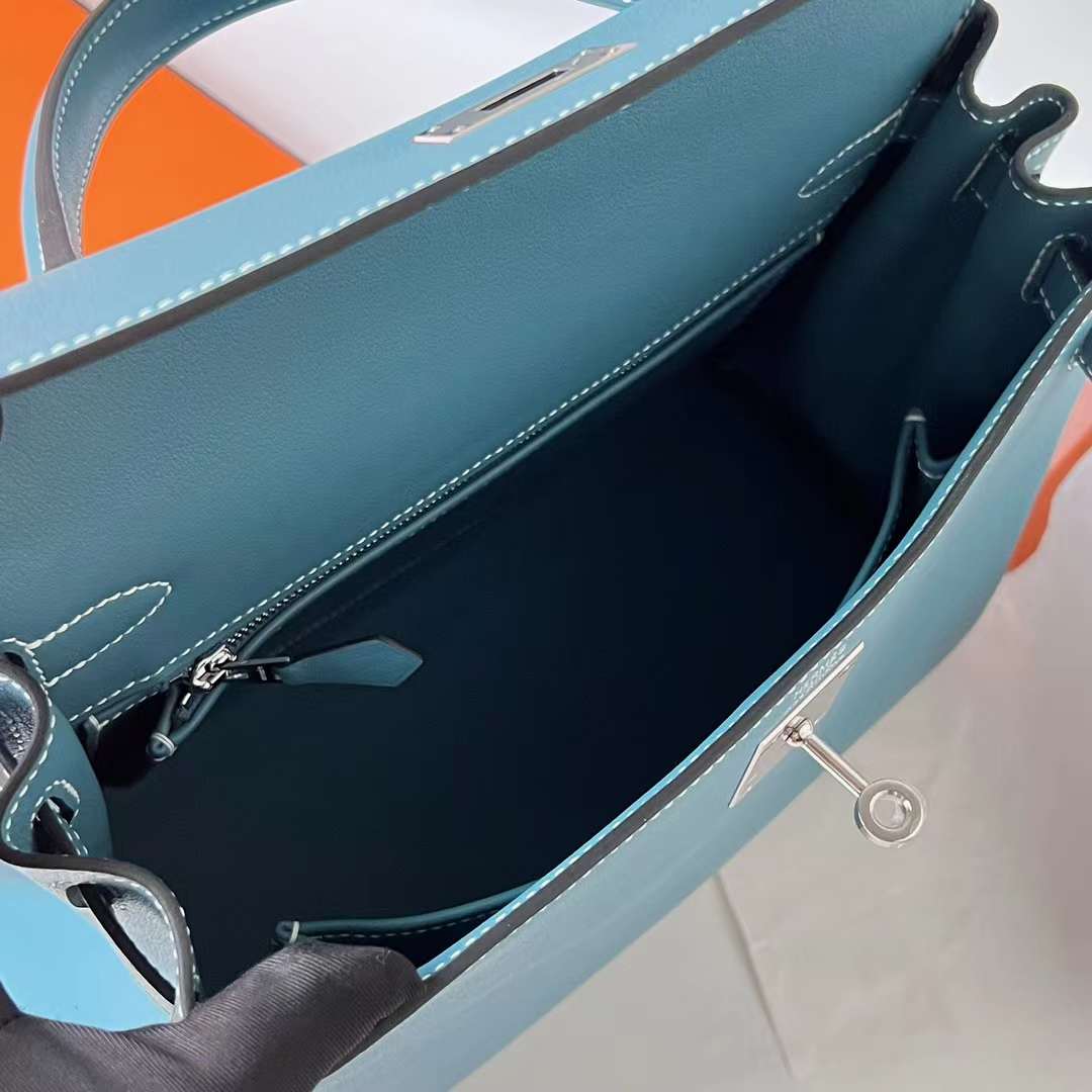 Hermès（爱马仕）Kelly 凯莉包 Swift皮 Ck75 牛仔蓝 银扣 28cm 全手工蜡线缝 Phw
