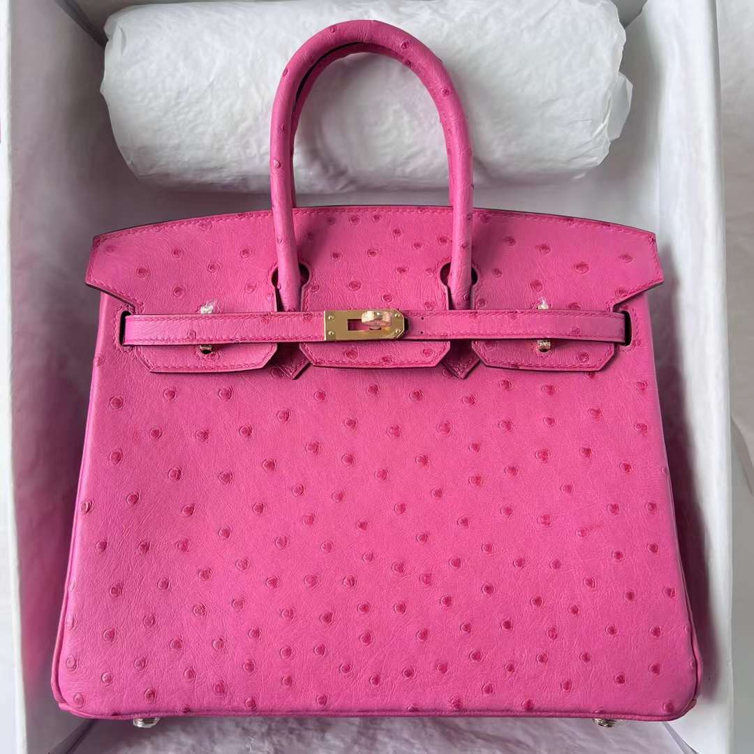Hermès（爱马仕）Birkin 铂金包 Ostrich 南非鸵鸟皮 9i 玉兰粉 金扣 25cm 全手工蜡线缝 Ghw
