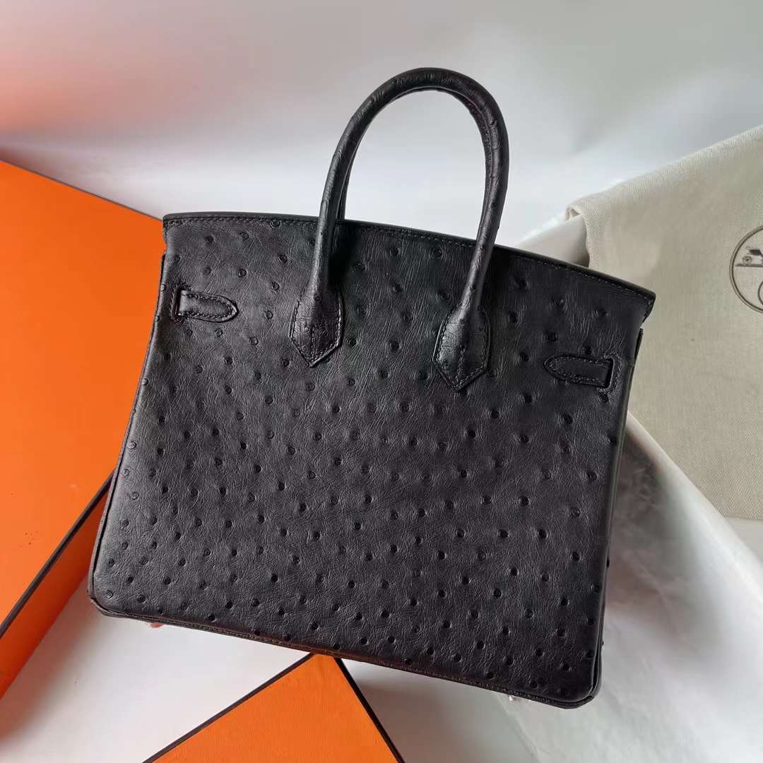 Hermès（爱马仕）Birkin 铂金包 Ostrich 进口kk南非鸵鸟皮 Ck89 黑色 银扣 原厂五金 25cm 全手工蜡线缝 Phw