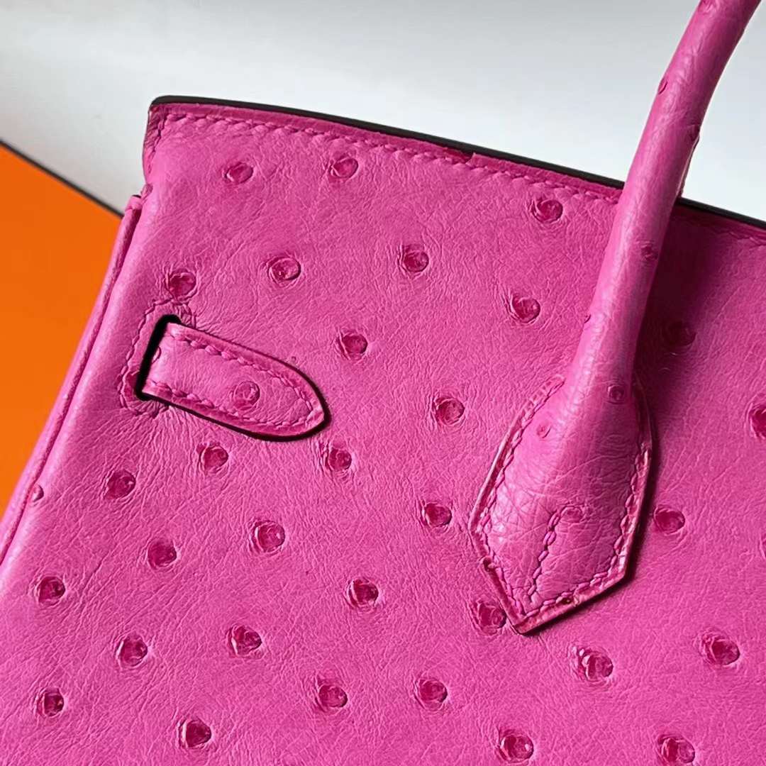 Hermès（爱马仕）Birkin 铂金包 Ostrich 南非鸵鸟皮 9i 玉兰粉 金扣 25cm 全手工蜡线缝 Ghw