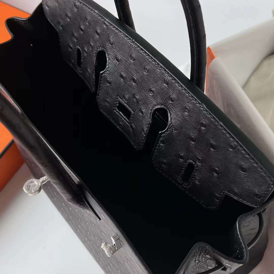 Hermès（爱马仕）Birkin 铂金包 Ostrich 进口kk南非鸵鸟皮 Ck89 黑色 银扣 原厂五金 25cm 全手工蜡线缝 Phw