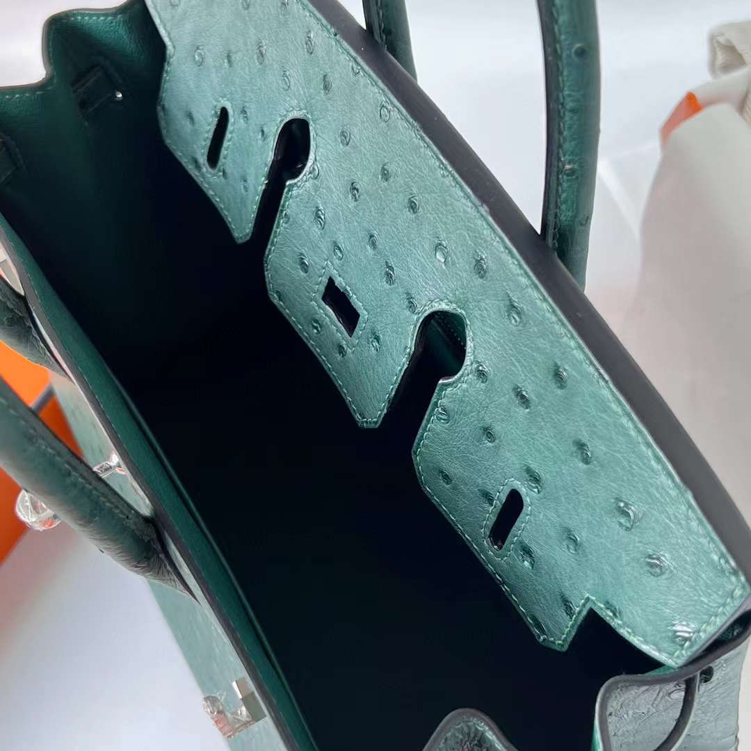 Hermès（爱马仕）Birkin 铂金包 Ostrich 进口鸵鸟皮 z6 孔雀绿 银扣 25cm 全手工蜡线缝 Phw