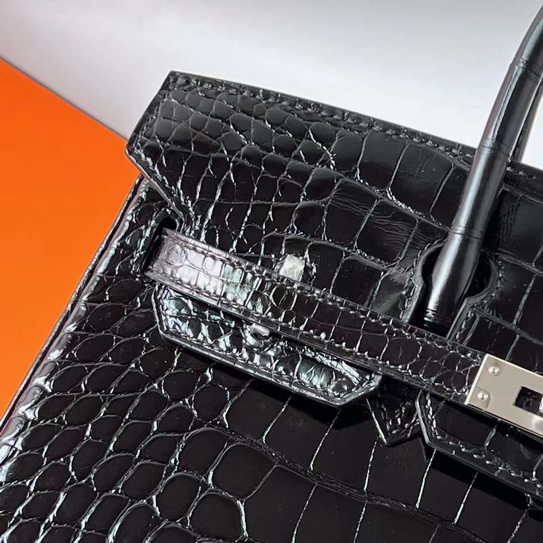 Hermès（爱马仕）Birkin 铂金包 亮面美洲鳄鱼皮 Shiny Alligator Crocodile Ck89 黑色 银扣 25cm 全手工蜡线缝 Phw