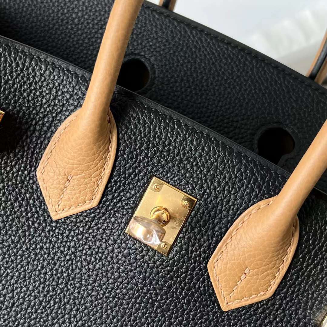 Hermès（爱马仕）Birkin 铂金包 Togo皮 顶级小牛皮 Ck89 黑色 拼 4B 饼干色 金扣 25cm 全手工蜡线缝 Ghw
