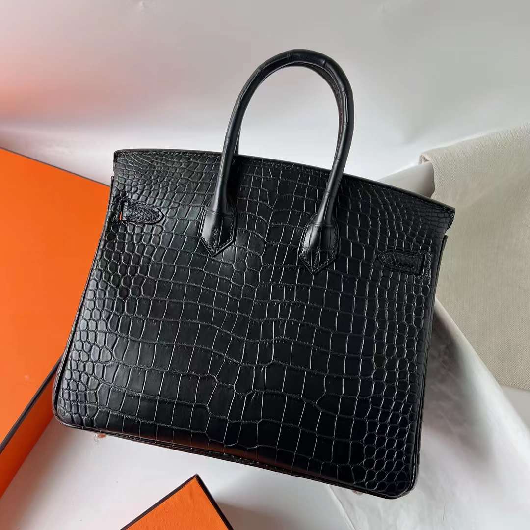 Hermès（爱马仕）Birkin 铂金包 雾面倒v澳洲湾鳄 Matte Porosus Crocodile Ck89 黑色 银扣 25cm 全手工蜡线缝 Phw