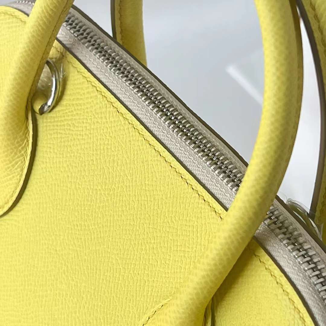 Hermès（爱马仕）Bolide 保龄球包 Epsom 9R 柠檬黄 拼 i2 奶油白 拼 X9 锦葵紫 银扣 25cm 全手工蜡线缝 Phw